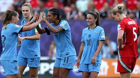 Netherlands players celebrate against Wales
