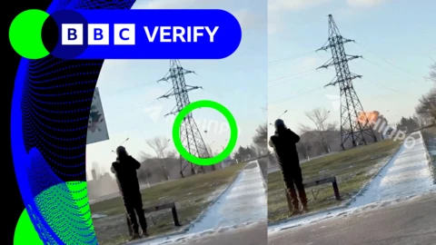Two frames from a verified video showing (left) the drone in flight and (right) an explosion