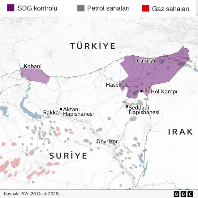 Suriye'de SDG'nin kontrol ettiği alanları gösteren harita
