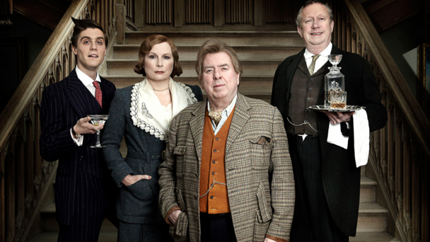 Blandings (left-to-right): Jack Farthing, Jennifer Saunders, Timothy Spall and Mark Williams