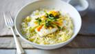 Steamed ginger fish served with egg-fried rice