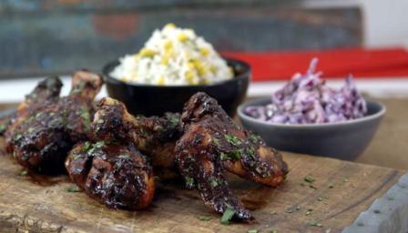 BBQ chicken wings with sweetcorn rice and red cabbage slaw