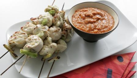 Chicken kebabs with romesco sauce
