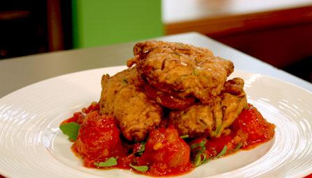 Courgette fritters with bloody Mary tomatoes