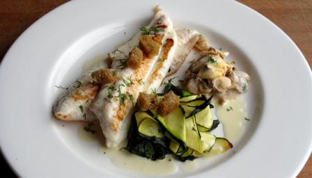 Fillet of Dover sole, mussel and clam ragoût, courgette ribbons, swiss chard and a caviar cream