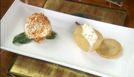 Liquorice poached pears with praline and honey ice cream