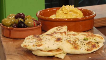Naan bread with squash and tahini dip