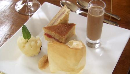 Peanut butter and ‘jam sandwich’, cinnamon filo pastry crisps, apple sorbet on a mochi biscuit and chocolate milk