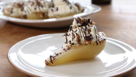 Poached pears with florentines 