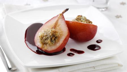Poached pears with Stilton and walnuts