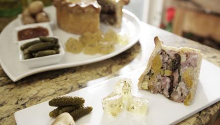 Pork, leek and apricot raised pie with cider and sage jelly