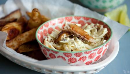 BBC Food - Recipes - Smoked mackerel and cabbage slaw with potato wedges