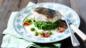 Pan-fried cod with minted peas, broad beans and pancetta