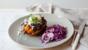 Baked sweet potato with easy black beans and purple slaw
