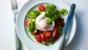 Pan-fried bacon with poached egg and balsamic tomatoes