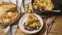 Potato and butter pie with mushroom gravy and wilted spinach