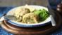 Salmon fish cakes with mushy peas