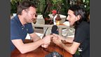 Pete talks to the man with the warped bass, Richard Grey