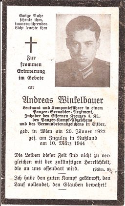 4.	The card announcing the death of Andreas at the Russian front on 10th March 1944