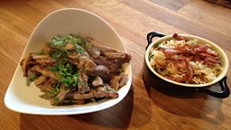 Beef Stroganoff, Rice pilaff with onions and crispy bacon