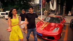 Anita Rani with a supercar and some rich young Chinese men