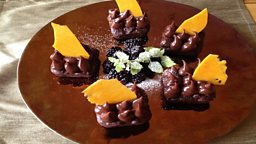 Chocolate, Pear & Ginger Fudge Cakes, Blackberry Ganache, Honeycomb shards
