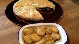 Chicken, Kale & Mushroom Duxelle Filo Pie with Lyonnaise Potatoes