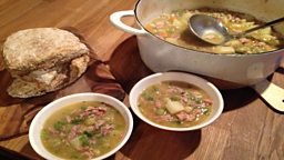 Bacon Rib Hotpot with Peas & Potatoes, Onion & Cheese Griddle Muffins