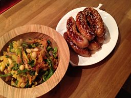 Cider Glazed Sausage with Hot Slaw