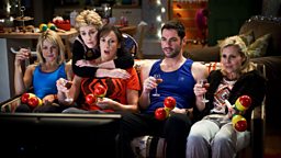 Stevie, Penny, Miranda, Gary and Tilly sitting on a sofa.