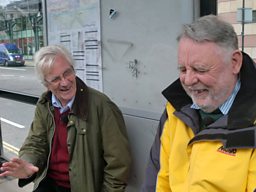 Christopher and Terry share a joke waiting for a bus to St Paul's Cathedral