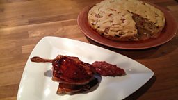 Rhubarb Bread & Pomegranate Glazed Pork Chops with Spiced Rhubarb & Almond Chutney