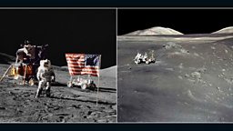 Apollo 17 module, astronaut and rover/Astronauts Cernan and Schmitt in the Taurus-Littrow valley