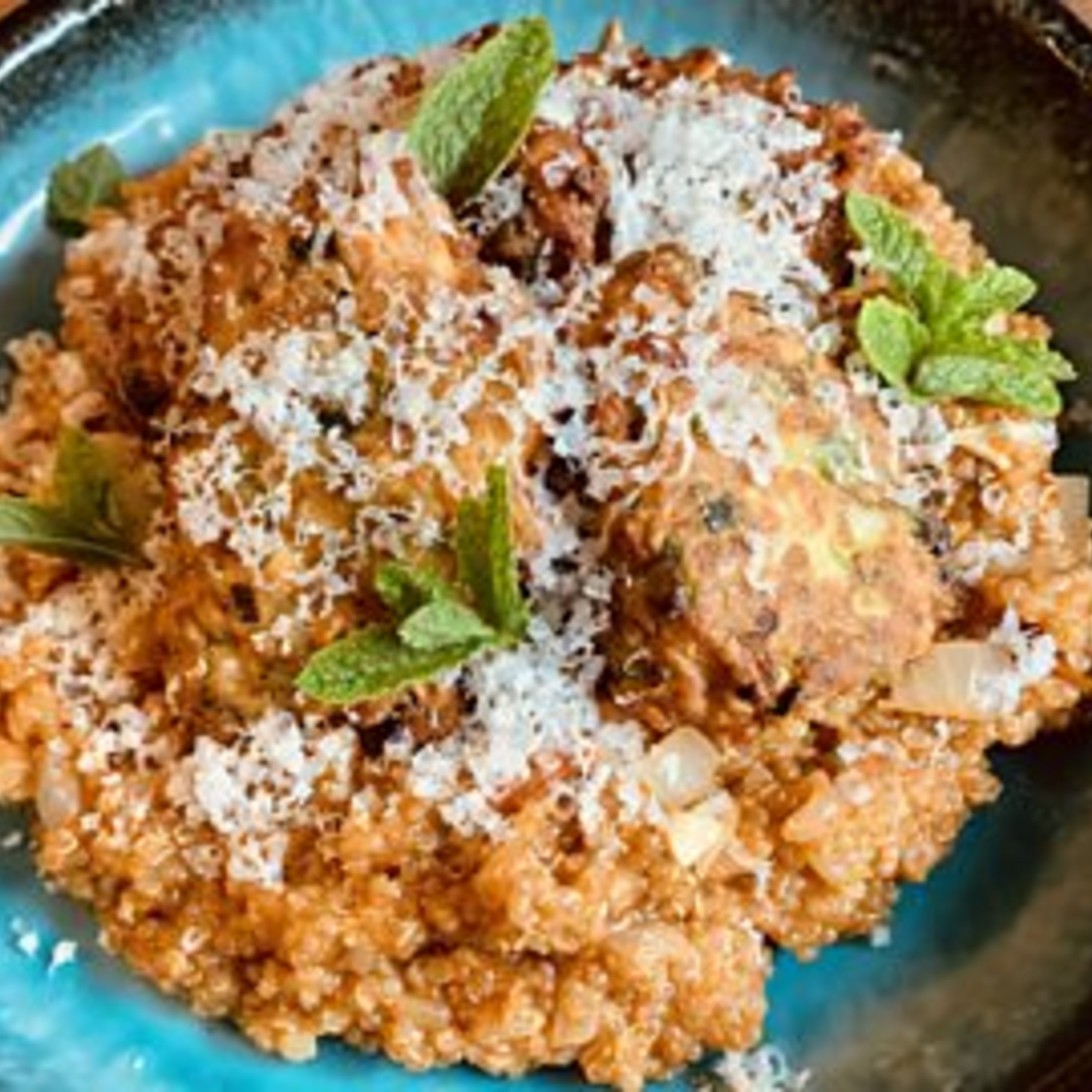 Halloumi, Courgette and Mint Fritters with Tomato Quinoa