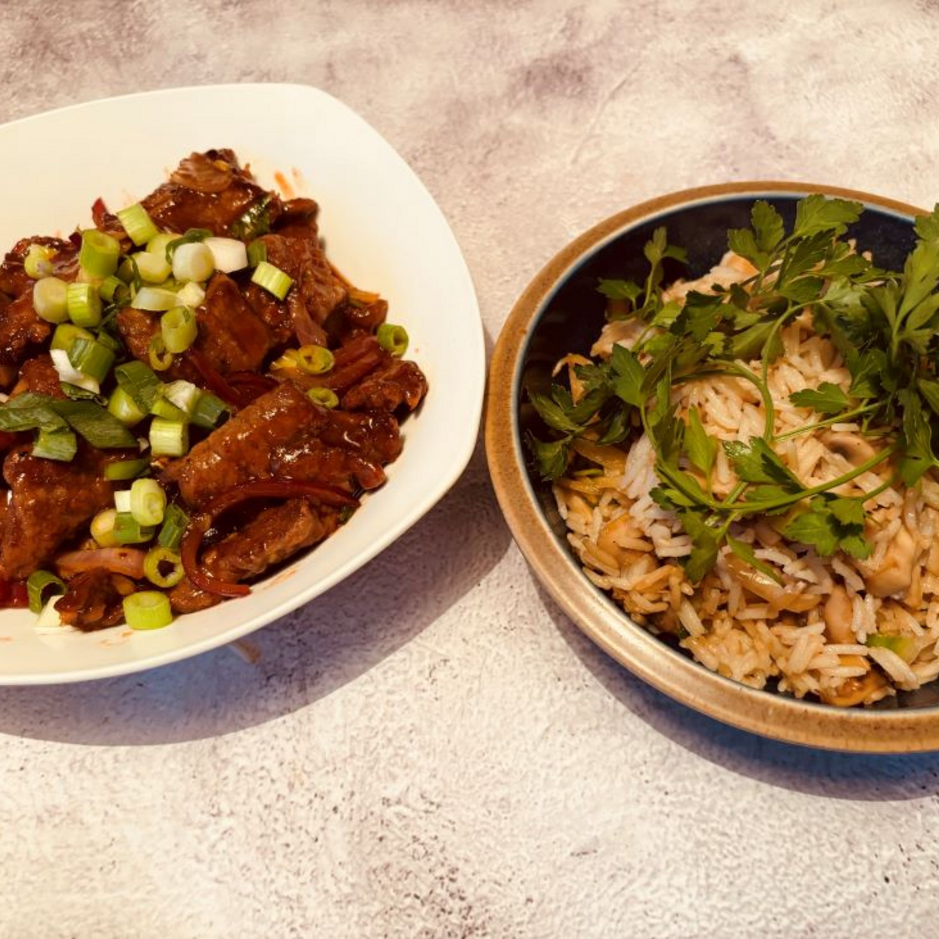 Crispy Five Spiced Beef with Mushroom Fried Rice