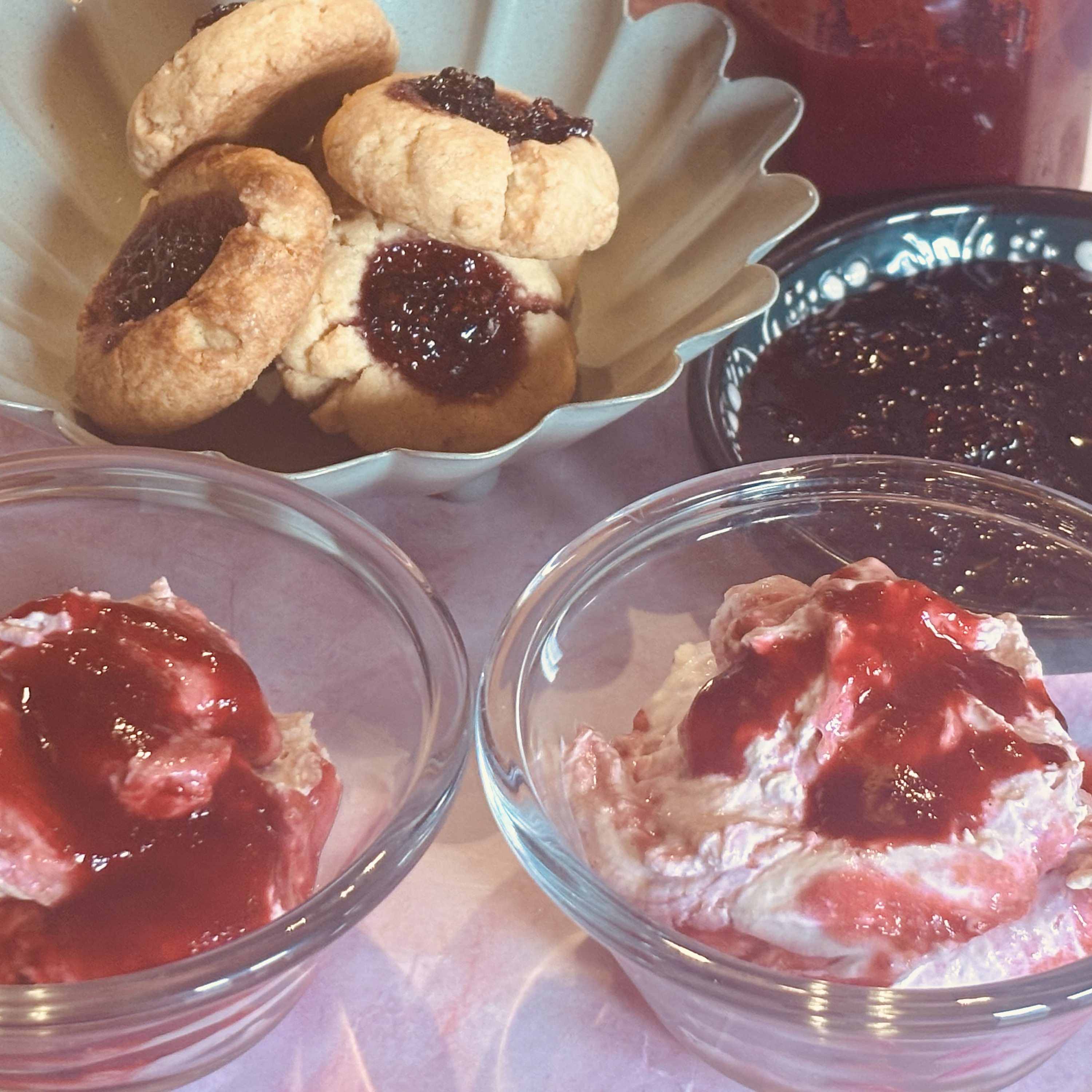 Damson Cheesecake Cream with Blackberry Thumbprint Biscuits