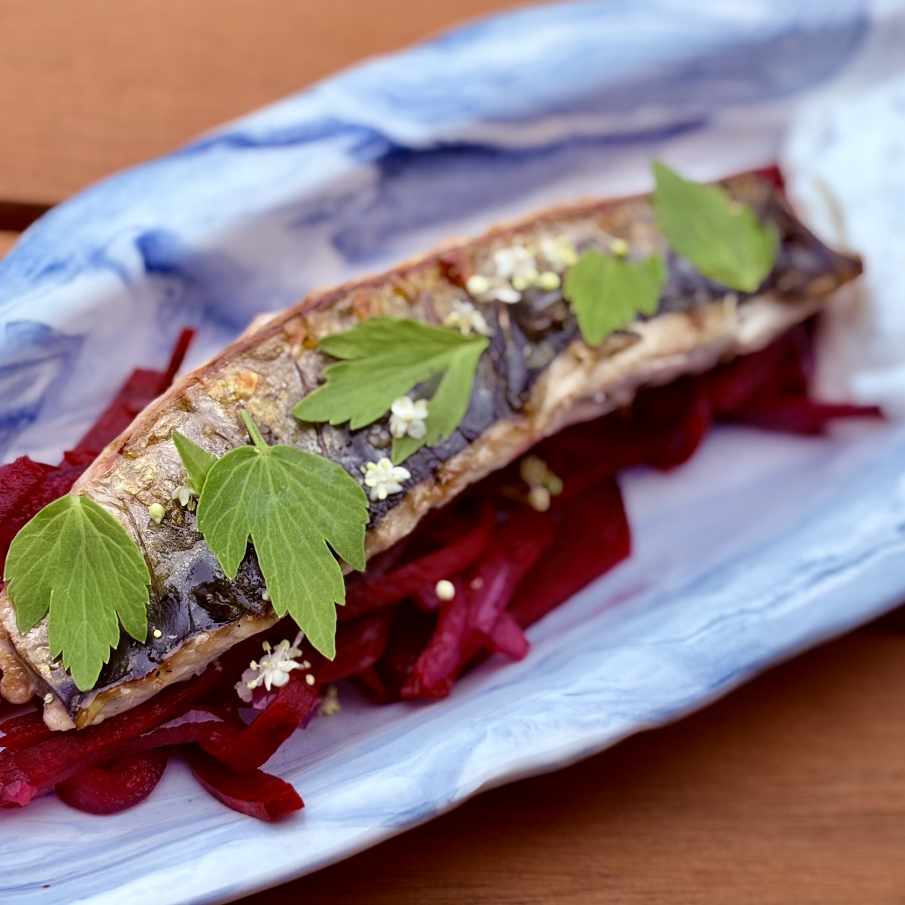 Grilled Mackerel, Elderflower Yoghurt, Beetroot Salad