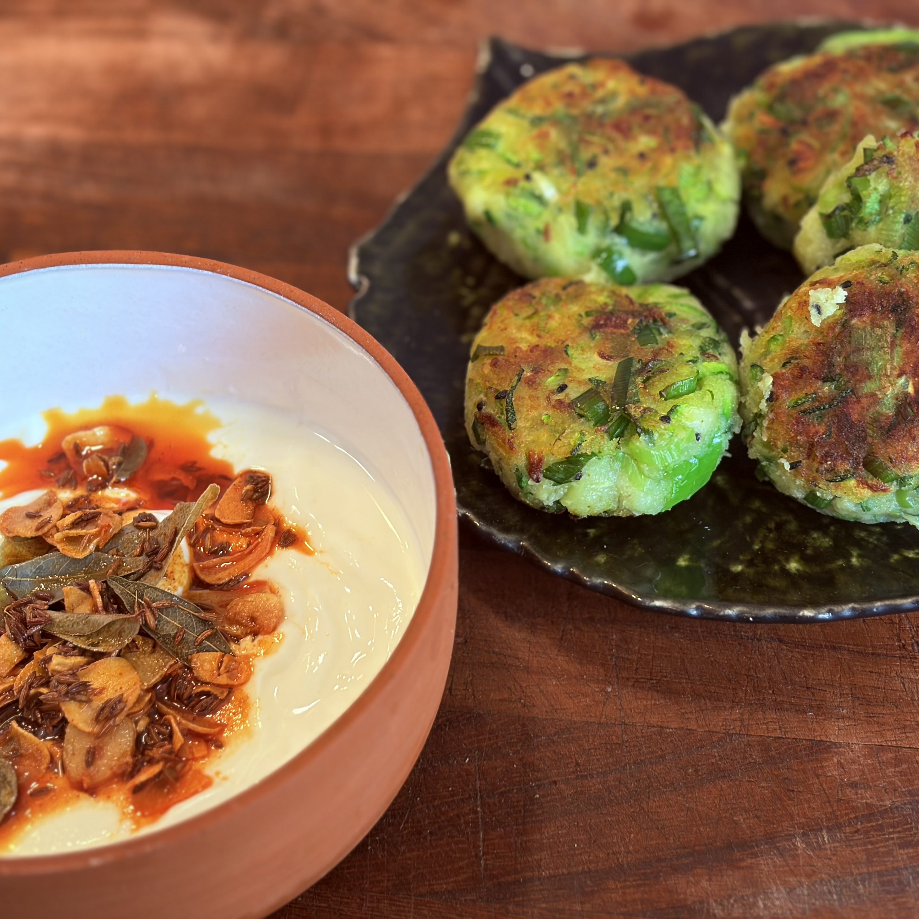 Spiced Courgette fritters with yoghurt dressing