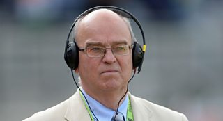 5 live's Pat Murphy takes evasive action as a six finds its way into the commentary box!