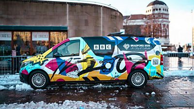 A colourful broadcast vehicle, designed by Bradford artist Ben Holden