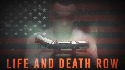 “Life and Death Row” title over a bed with restraints