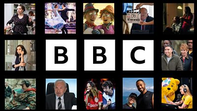 A selection of squares showcasing BBC content from 2025-2026, from Steve Coogan as Alan Partridge and The Scarecrow's Wedding to Eastenders and Celia Imrie and Nick Mohammed in The Celebrity Traitors. In bigger squares are images of audiences watching BBC content, on phones, TVs and iPads, taken from the BBC's recent This is Our BBC campaign.