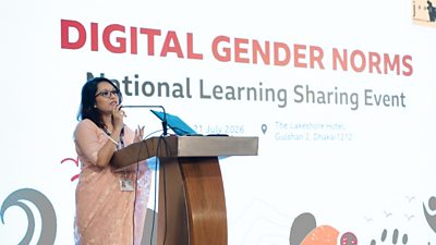 A speaker talking at the Digital Gender Norms project event