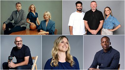 A collage of images featuring people involved in BBC Sport's new era of football across Match of The Day, The Wayne Rooney Podcast and BBC Radio 5 Live
