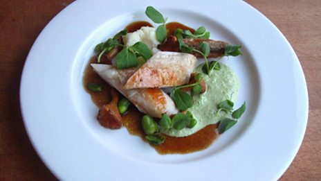 Organic chicken with smoked mash, broad beans, peas, girolles and confit garlic