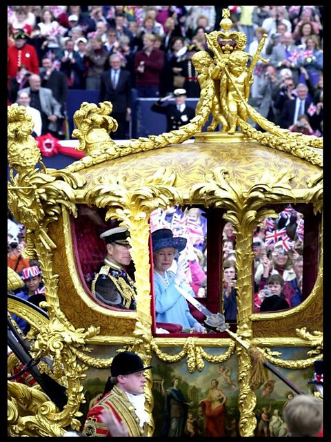 Golden Jubilee: Queen Elizabeth II rides in the Gold State coach from Buckingham Palace 