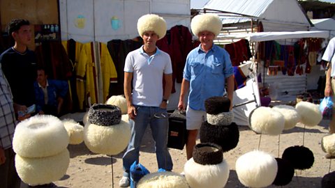 Andy with producer James Parkin at the Turkmen hat shop
