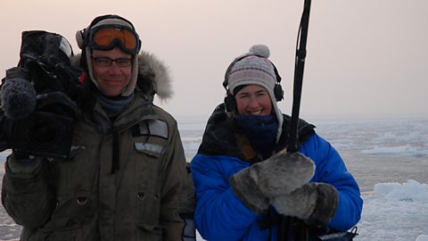 Camera Director James Dawson and Producer Gilly Mathieson at the floe edge in Cumberland Sound