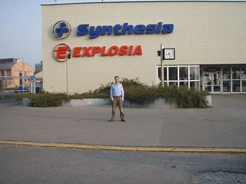 Tim Whewell outside the Explosia plant in Semtin, Pardubice, in the Czech Republic