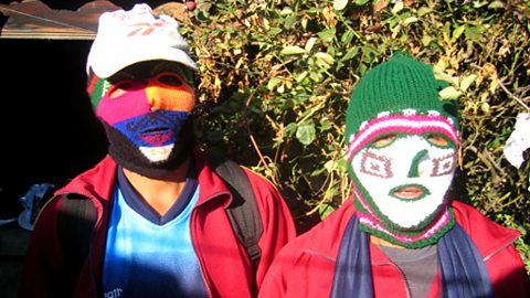 Masks of the Chonguinadas, representing the Spanish colonial rulers
